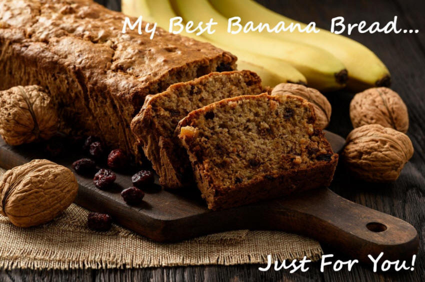 My best banana bread recipe just for you.  Photo of banana bread and walnuts